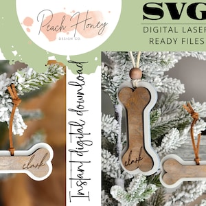 May include: Wooden dog bone decorations with the name "clark" engraved. The ornaments are brown with a white border and a leather hanging string. The image also includes the text "SVG Digital Laser Ready Files".