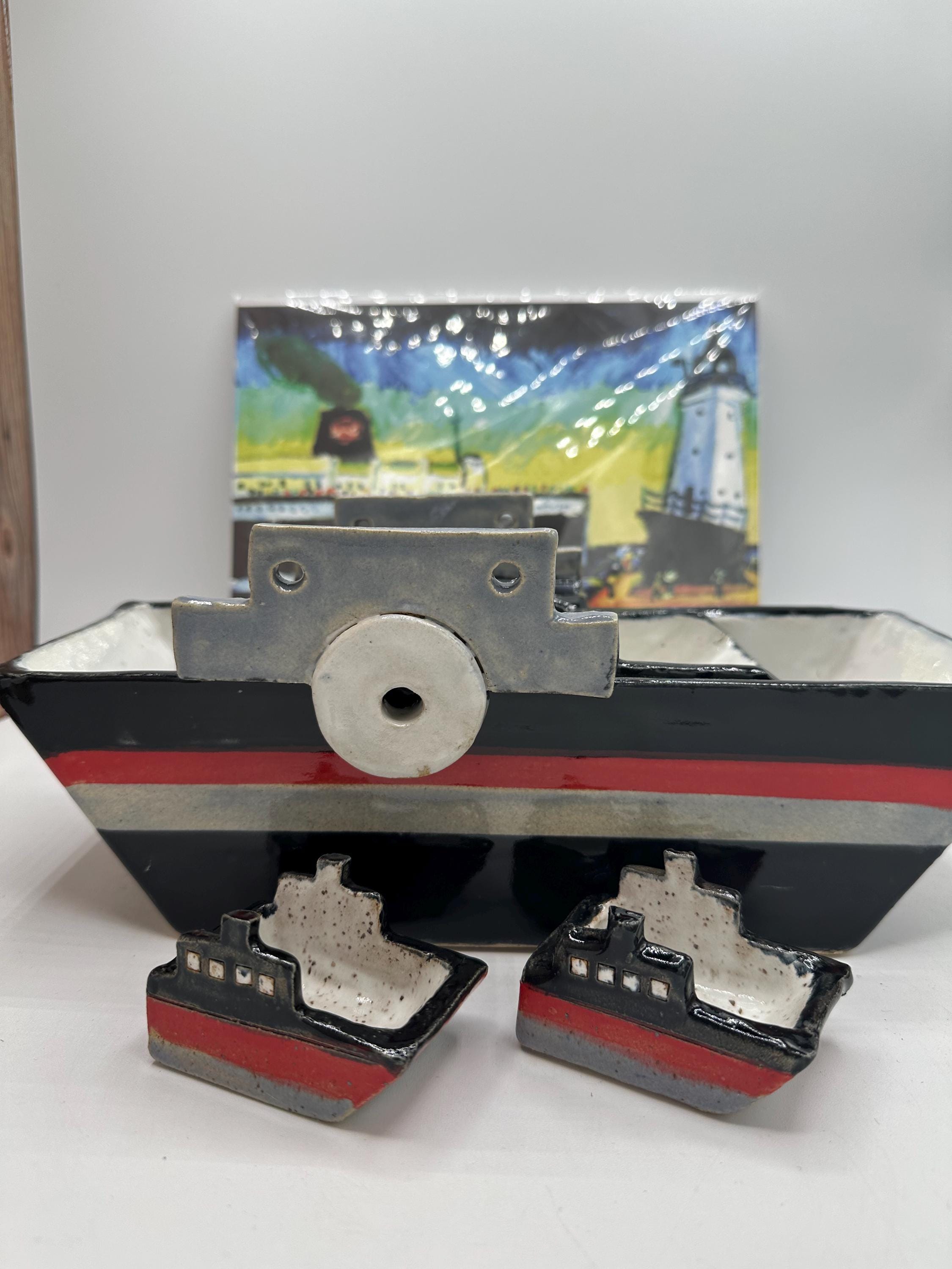 Ceramic Boats, handmade ships tug-boat, nautical serving dishes, boat-shaped business card holder