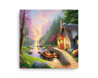 Cottage Painting Thomas Kinkade Inspired Art Evening Sunset Peaceful Meadow Painting Gift for Mom