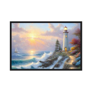 Framed Calming Lighthouse Thomas Kinkade Inspired Painting Lighthouse Paintings Lighthouse Art for Mom Gift for Dad Lighthouse Lover Art