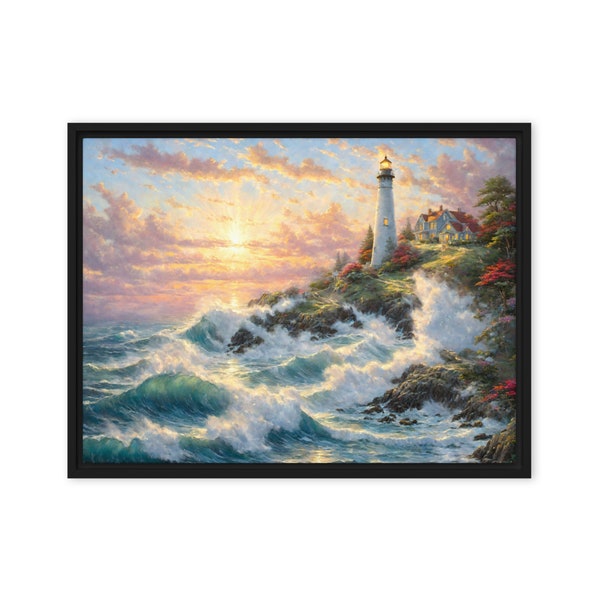 Framed Lighthouse Summer Thomas Kinkade Inspired Painting East Coast Lighthouse Paintings Lighthouse Art for Mom  Gift for Dad Lighthouse