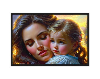 Embracing Mother and Child at Sunset Framed Canvas Print Love Family Home Decor Heartwarming Art