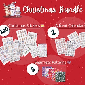 Paquete digital navideño: pegatinas, calendarios de adviento y patrones sin costuras (descarga digital)
