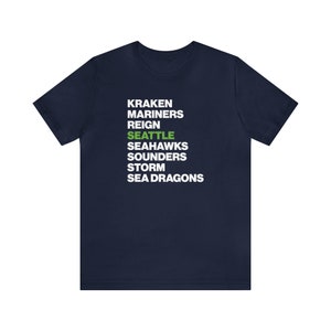 Seattle Sports Teams Cotton Tee, Kraken, Mariners, Reign, Seahawks, Sounders Storm, Sea Dragons