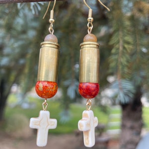 9mm bullet ammo shell gold brass dangle earrings with beads and cross. Cowgirl 2A western earrings