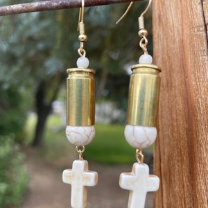 9mm bullet ammo shell gold brass dangle earrings with beads and cross. Cowgirl 2A western earrings