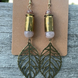 9mm bullet ammo shell gold brass dangle earrings, vintage style brass leaves and beads. Cowgirl 2A western earrings