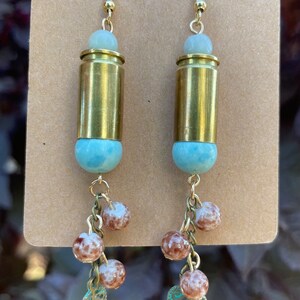 9mm bullet ammo shell gold brass dangle earrings with vintage style patina leaves and beads. Cowgirl 2A western earrings