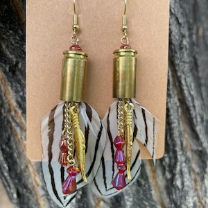 9mm bullet ammo shell gold brass dangle earrings with feathers and beads. Cowgirl 2A western earrings