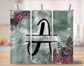 Enchanted Verdant Monogram 20oz Skinny Tumbler Wrap PNG | Green Marble Floral | Elegant Digital Download