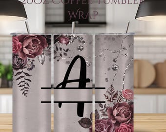 Gothic Bloom Monogram 20oz Skinny Tumbler Wrap PNG | Dark Floral Elegance | Sublimation Digital Download