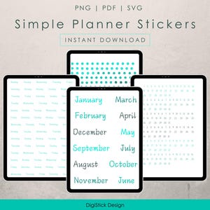 May include: Set of printable planner stickers featuring monthly calendar pages with the months of January, February, March, April, May, June, July, August, September, October, November, and December. The stickers are designed with a simple, modern aesthetic and are perfect for adding a touch of organisation to your planner.