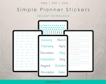 Simple Planner Stickers: Months, Days, Numbers (Digital Download)