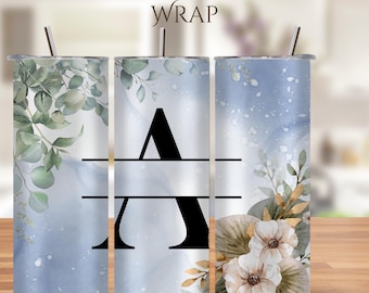 Blue Serenity Monogram 20oz Skinny Tumbler Wrap PNG | Soft Blue Floral | Sublimation Digital Download