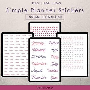 Simple Planner Stickers: Months, Days, Numbers (PNG, PDF, SVG)