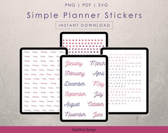 Simple Planner Stickers: Months, Days, Numbers (PNG, PDF, SVG)