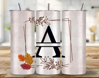 Fall Leaves Monogram 20oz Skinny Tumbler Wrap PNG | Autumn Floral | Fall Sublimation | Digital Download