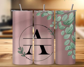 Blush Petal Monogram 20oz Skinny Tumbler Wrap PNG | Pink Leafy | Elegant Sublimation Digital Download