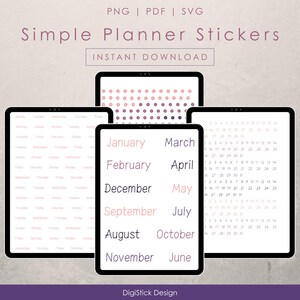 May include: Three digital planner sticker sheets in a pink and white colour scheme. The first sheet has a grid of pink dots. The second sheet has the months of the year listed in two columns. The third sheet has a grid of numbers from 1 to 31.