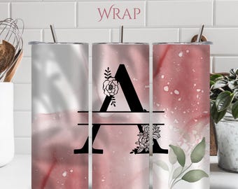 Floral Monogram Tumbler Wrap | Pink Ombre Rose Design (PNG Digital Download)
