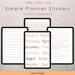 May include: Set of printable planner stickers featuring the months of the year in a handwritten font. The stickers are in a light pink and peach colour scheme. The stickers are designed to be used in a planner or journal.
