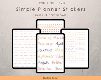 Simple Planner Stickers: Months, Days, Numbers (PNG, PDF, SVG)