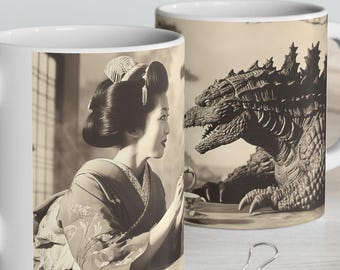 Taza de café "Duelo de té Kaiju": una geisha épica se encuentra con Godzilla