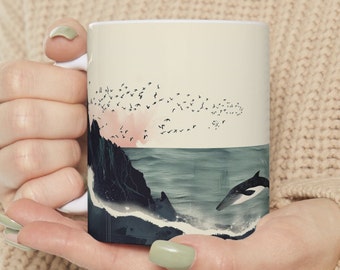 Whale Watching Sunset Mug, Coastal Kitchen Decor, Nautical Coffee Cup, Sea Life Art, Ocean-Themed Gift, Beach House Essentials