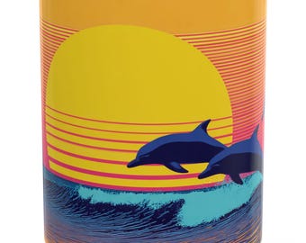 Taza de cerámica con diseño de delfín neón al atardecer, arte playero de synthwave de los 80, regalo tropical retro, ideal para amantes del surf, accesorios de decoración oceánica
