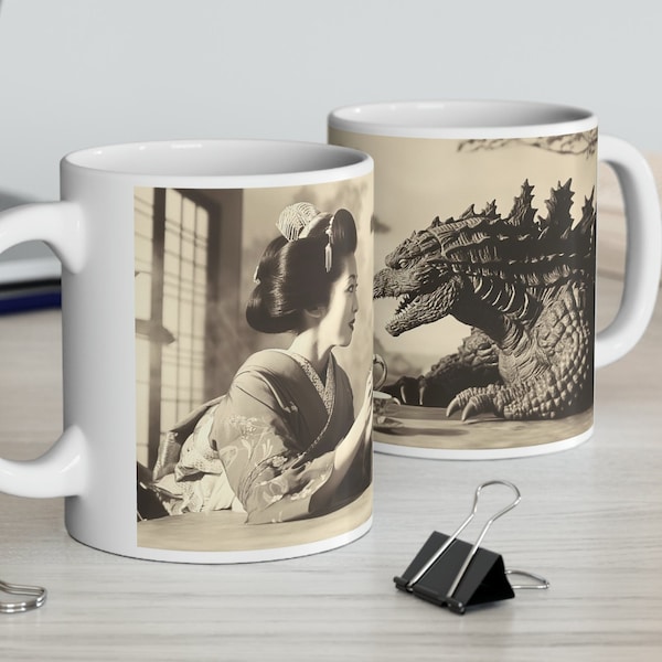 Kaiju Tea Party Showdown, epische Geisha trifft Godzilla Kaffeetasse - 11 Unze