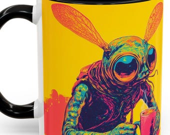 Taza de café con bicho extraterrestre, colorida taza de arte pop surrealista, taza de estética de otro mundo, taza con decoración extraterrestre de neón, regalo psicodélico de ovnis, psicodélico