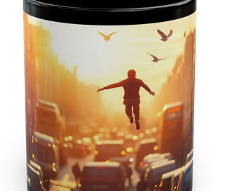 Taza "Elevando hacia el amanecer", taza motivacional para el café matutino, taza "Nuevos comienzos", inspirador amanecer urbano, regalo para quienes buscan sueños (325 ml, 430 ml)
