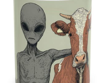 Taza de cerámica con diseño de extraterrestre y vaca, divertida taza de café OVNI para fanáticos del espacio, ganaderos y de la ciencia ficción, 325 ml y 430 ml.