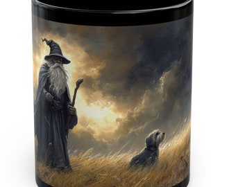 Taza de café de fantasía de mago y perro, regalo para amantes de la fantasía y dueños de perros, taza acogedora, taza de aventura mágica.