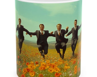 Droni da ufficio stravaganti che saltano tra i fiori selvatici, design di ispirazione retrò, tazza da caffè e tè, regalo gioioso per colleghi, ufficio