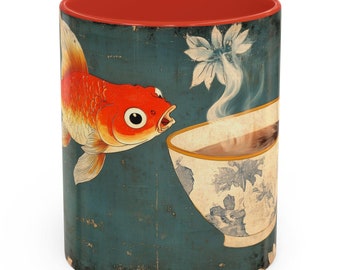 Taza de café con detalles de peces de colores, taza de estilo artístico japonés para amantes del té, diseño floral caprichoso, regalo para cumpleaños, inauguraciones de casas, taza de 11 oz