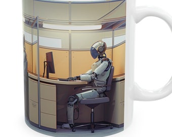 Robot's Coffee Break: taza de cerámica de 11 oz para contener fluidos de productividad mejorada.