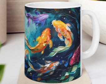 Enchanting Koi Dance - Taza artística de cerámica con diseño de pez vibrante