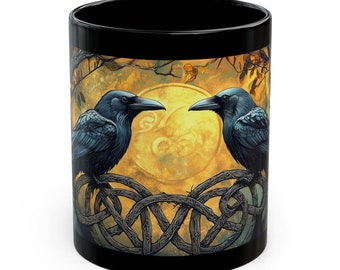 Taza de cuervos de mitología nórdica, Huginn y Muninn, nudos celtas de luna llena, regalo de té y café, arte de naturaleza fantástica, tonos otoñales, Odín