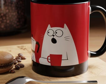 Taza de café con diseño de gato, divertidos gatos en blanco y negro, decoración de cocina original, regalo para mamá gatuna, taza de barista, taza de café roja, ilustración minimalista, moka