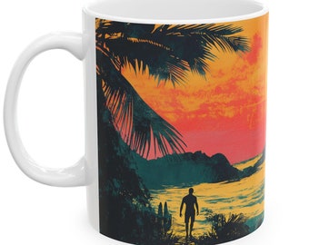 Taza de cerámica con diseño de puesta de sol tropical, regalo para amantes de la playa, taza de café de estilo retro, taza de té con ambiente isleño, taza de cacao con diseño de palmera