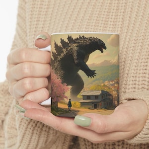 Godzilla vs King Kong in Serene Japanese Village - Unique Kaiju Battle Mug for Monster Lovers