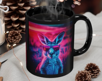 Vaporwave Australiana, emu, kangaroo, outrun, neon, 80s, marsupial mug