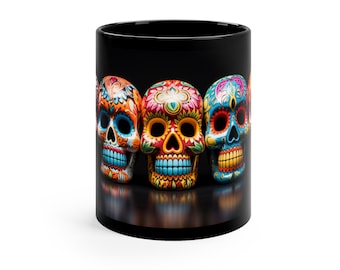 Tazza da caffè colorata con teschio di zucchero, Giorno dei morti, Dia de los Muertos, Utensili da cucina gotici, Bicchieri di Halloween, Regali d'arte del teschio da collezione