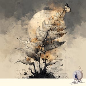 Könnte beinhalten: Eine künstlerische Illustration eines Farns mit großen, detaillierten Blättern in Grau- und Brauntönen. Ein Schmetterling mit schwarz-weißen Markierungen sitzt auf der Spitze des Farns. Der Hintergrund zeigt eine weiche, neutrale Farbpalette.