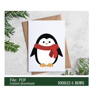 Schattige pinguïn kerstkaart digitaal PDF-bestand, leuke pinguïn met rode sjaal, kerstkaart om af te drukken in twee formaten: 4,25 x 5,5 inch A2 en 5 x 7 inch A7