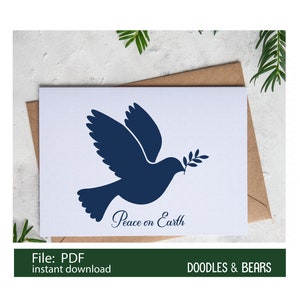File PDF digitale della carta Peace Dove Peace On Earth, biglietto di Natale o biglietto di Capodanno da stampare in due formati: 4,25" x 5,5" (A2) e 5" x 7" (A7)
