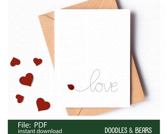Cute Ladybug Love Valentine's Day Card PDF Digital File, Anniversary Card, to Print in Two Sizes: 4.25" x 5.5" (A2) and 5" x 7" (A7)