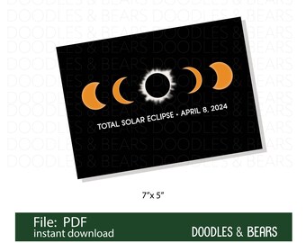 Total Solar Eclipse 2024 Art Print, 7" x 5", PDF Digital File, April 2024 Solar Eclipse, Eclipse Progression Moon Blocks Sun, Digital PDF