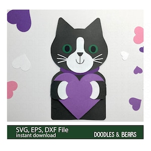 Jolie carte de chat de la Saint-Valentin avec coeur en expansion, fichiers numériques SVG, EPS, DXF pour Cricut et Silhouette, fichier papier découpé pour la Saint-Valentin